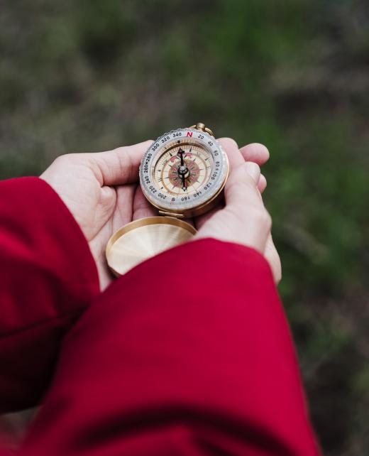 unrecognizable woman hands holding compass in forest. top view. Hiking and nature